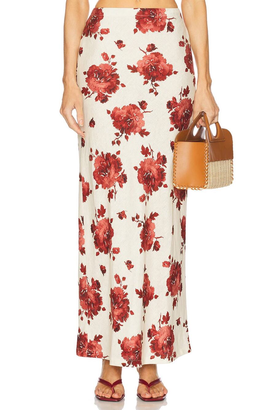 Faithfull Elise Linen Rose Print Maxi Skirt Cecile Floral & Garnet US 10